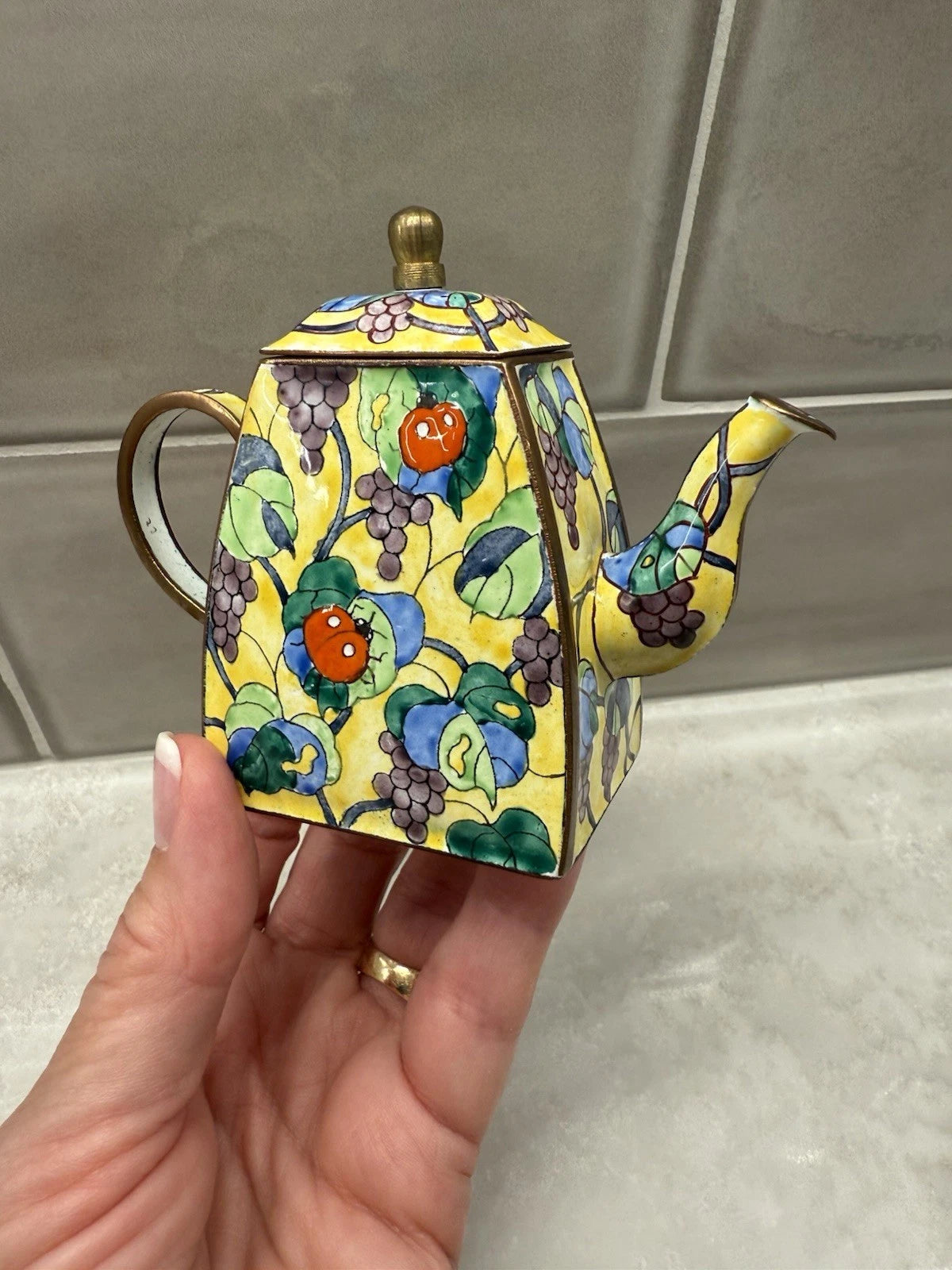 Kelvin Chen Mini Enamel Teapot with Ladybugs and Grapes #922 Vintage 1999 | eBay