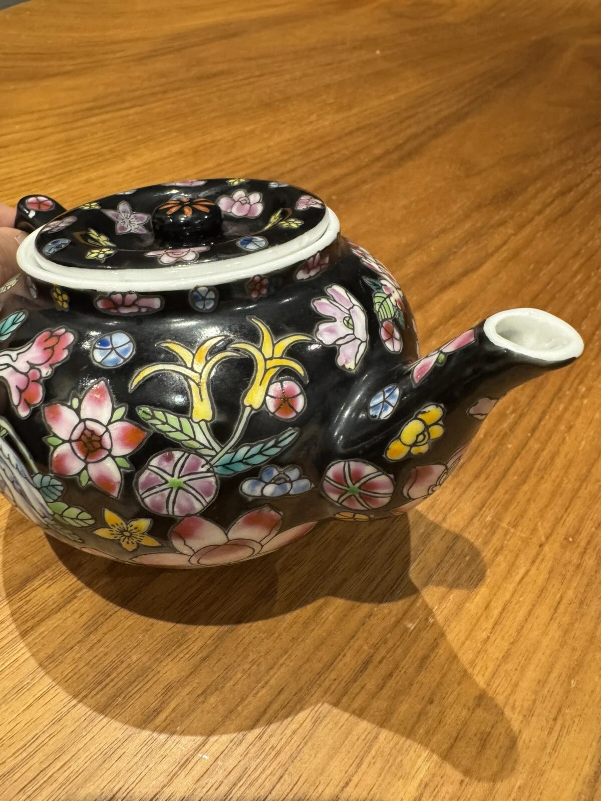 Chinese China Porcelain Tea Pot Hand Painted Floral Famille Noire Black Enamel | eBay
