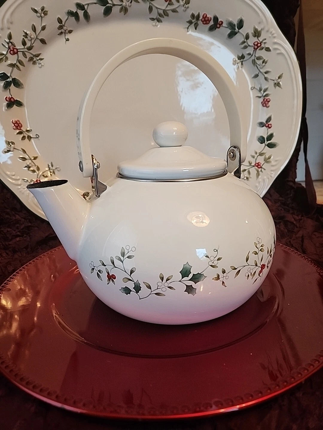 Pfaltzgraff Winterberry 2qt Teapot Kettle Porcelain Enamel on Metal Holly Berry | eBay