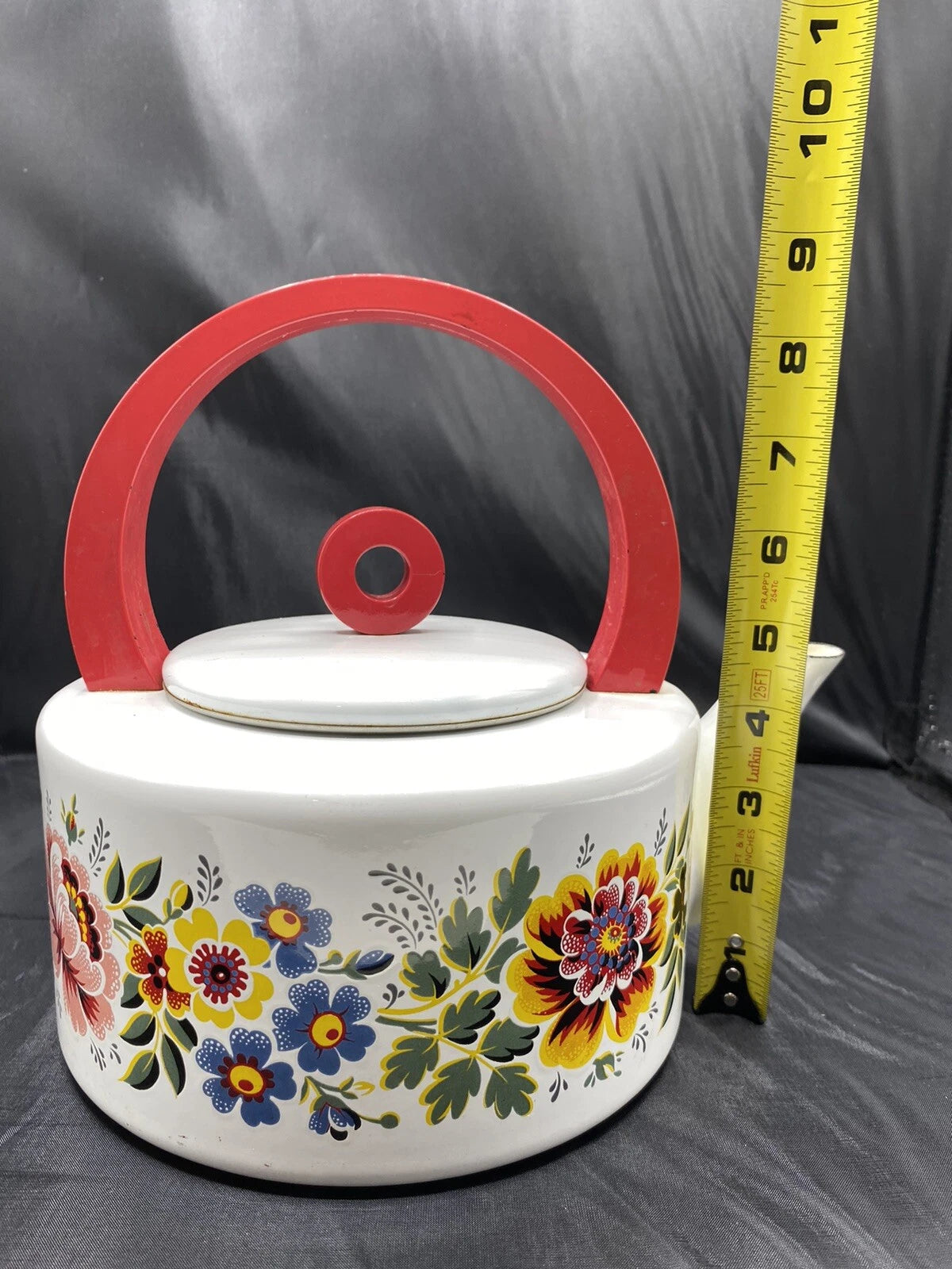 Enamel TEAPOT Kettle Floral Mid-Century Modern Red Round Handle Vintage | eBay