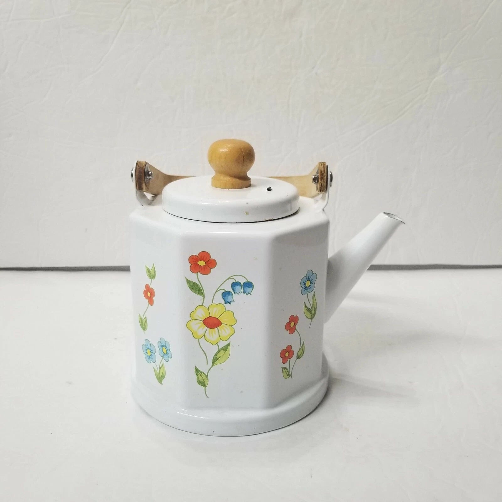 Enamel Floral White Teapot Bamboo Handle CRAFTS DAMAGE Decorative Kettle Planter | eBay