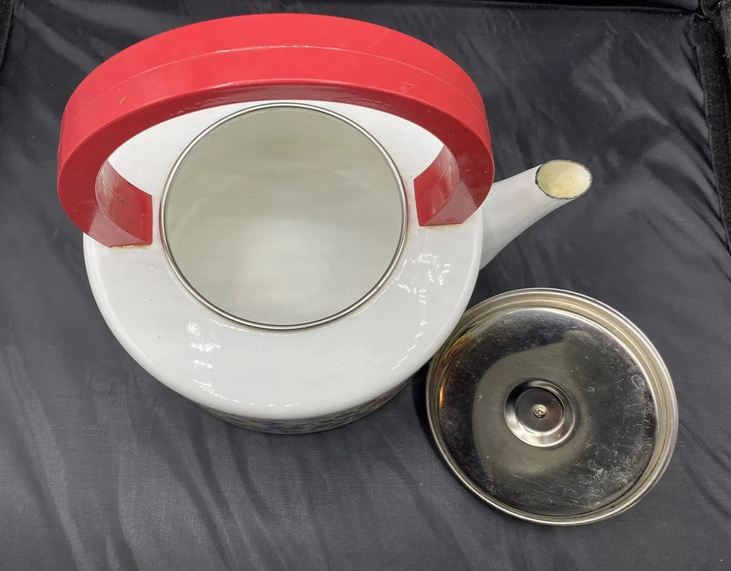 Enamel TEAPOT Kettle Floral Mid-Century Modern Red Round Handle Vintage | eBay
