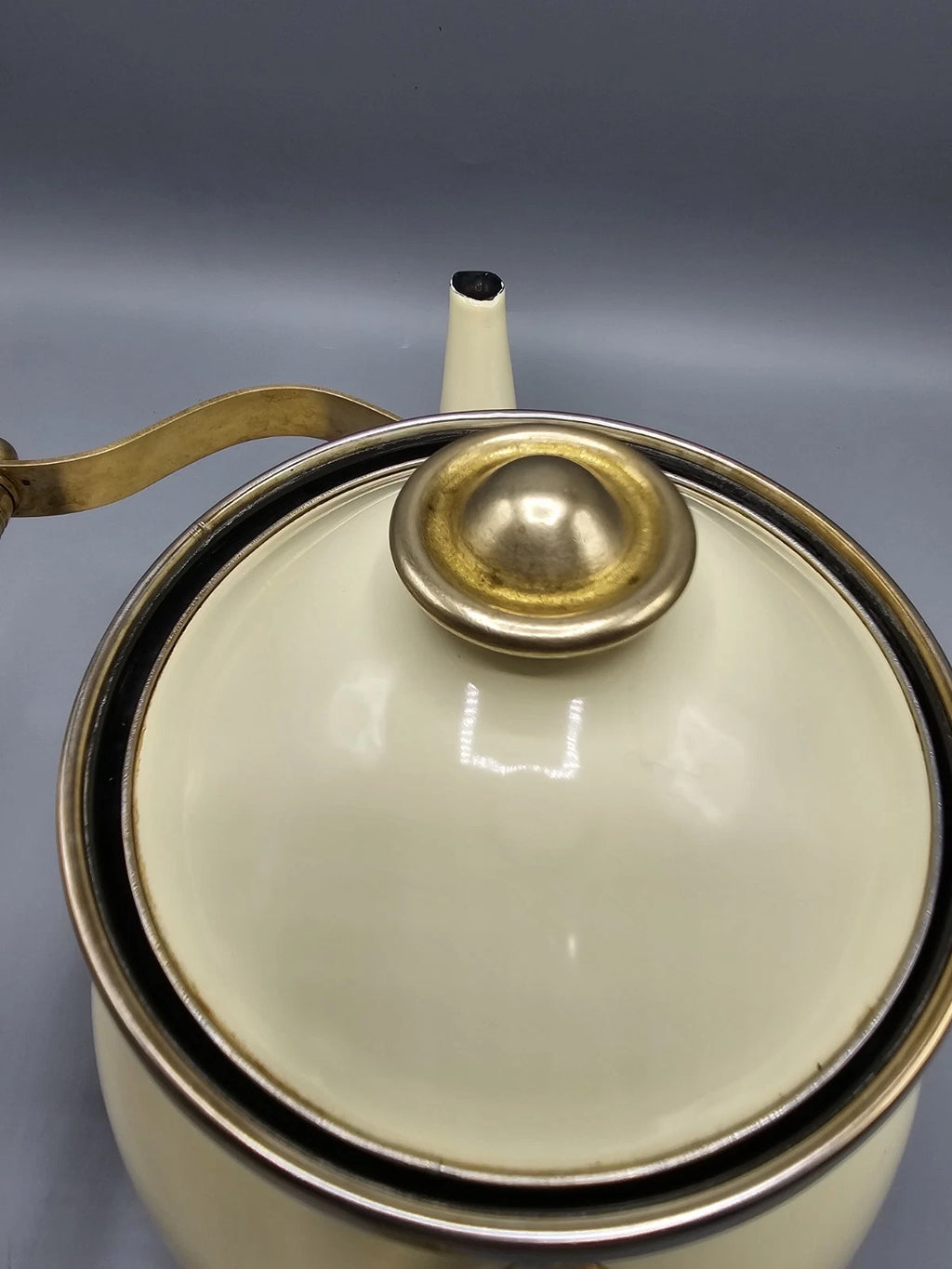 Vintage Cream Enamel Soft Gold Brass Tone Teapot Elegant Farmhouse Country | eBay