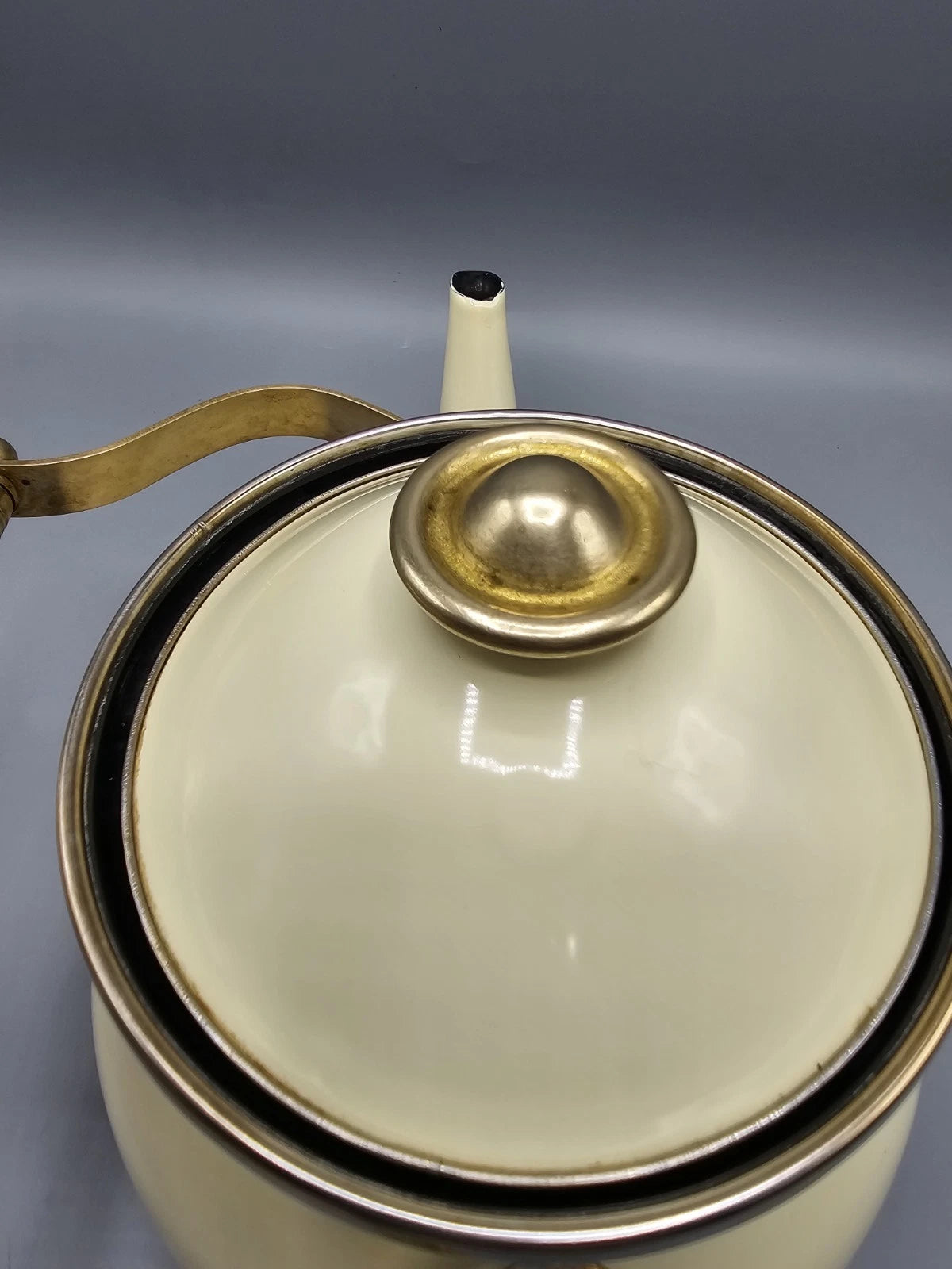 Vintage Cream Enamel Soft Gold Brass Tone Teapot Elegant Farmhouse Country | eBay