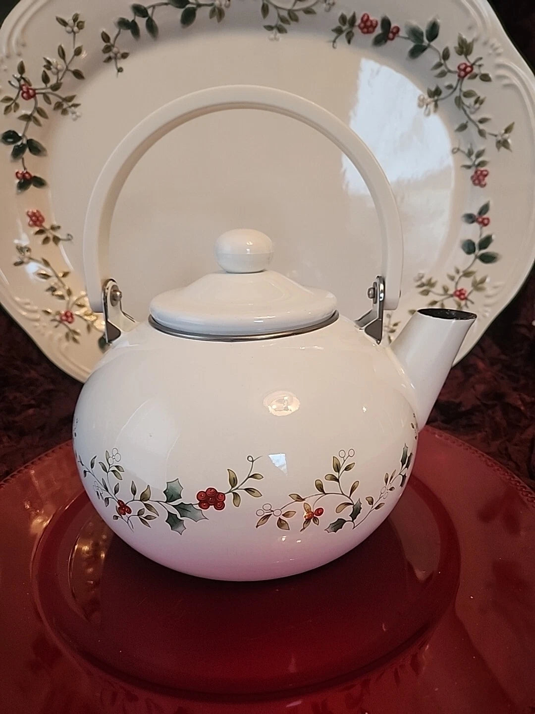 Pfaltzgraff Winterberry 2qt Teapot Kettle Porcelain Enamel on Metal Holly Berry | eBay