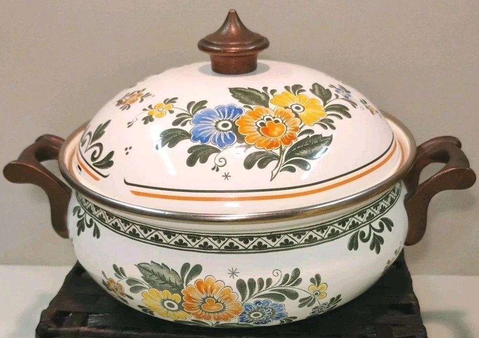 ASTA White Floral Enamelware Old Amsterdam 8.5” Dutch Oven & Teapot PRISTINE!!! | eBay