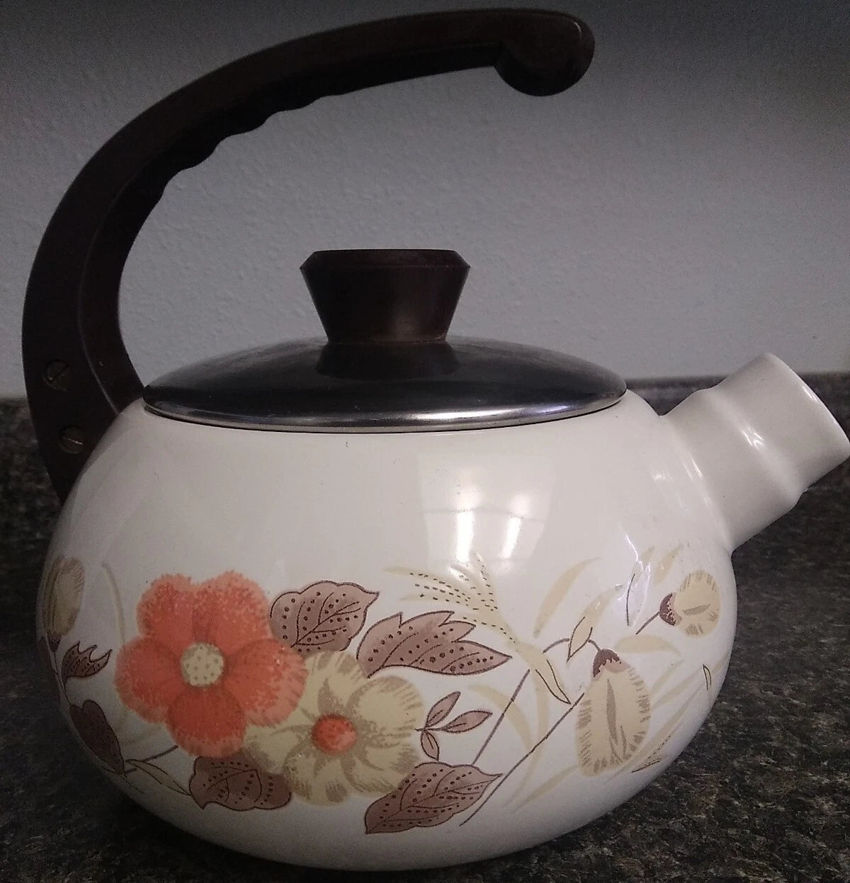 Vintage 70's MCM Floral Porcelain Enamel Steel Kettle Tea Pot-LOOK | eBay
