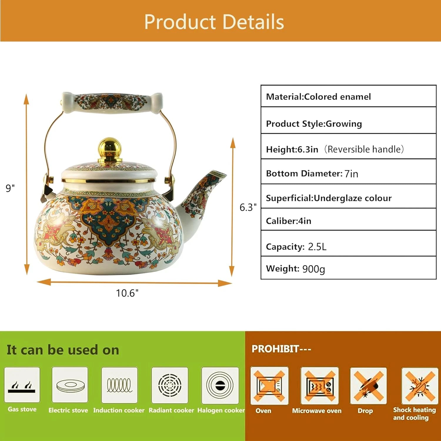 Floral Enamel Tea Kettle Vintage Gold Beige Teapot Colorful Boho Hot Water | eBay