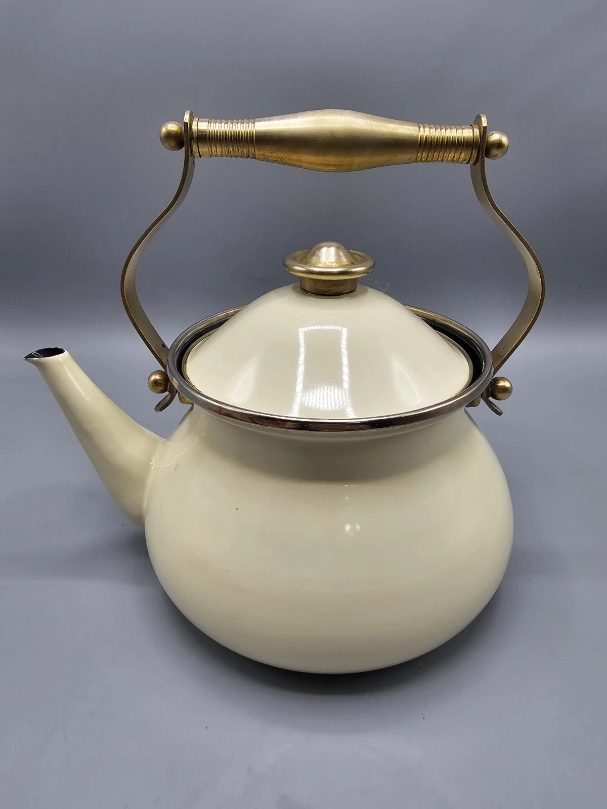 Vintage Cream Enamel Soft Gold Brass Tone Teapot Elegant Farmhouse Country | eBay