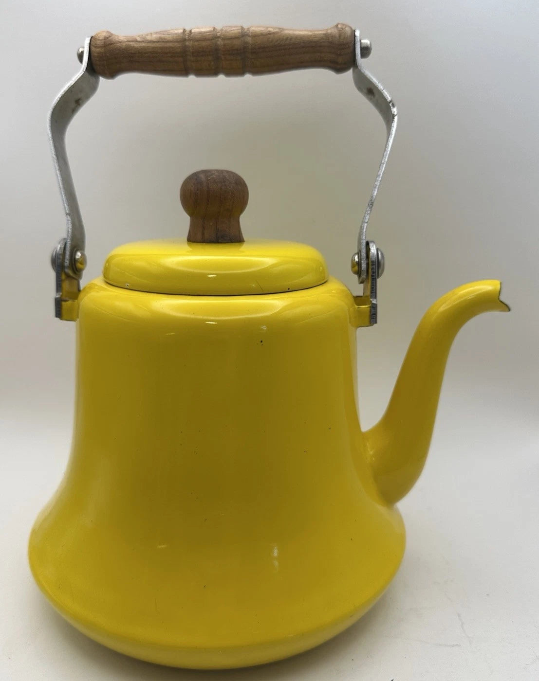 Vintage Yellow Enamel MCM Teapot With Wood Handle Has Some Patina See Pics | eBay
