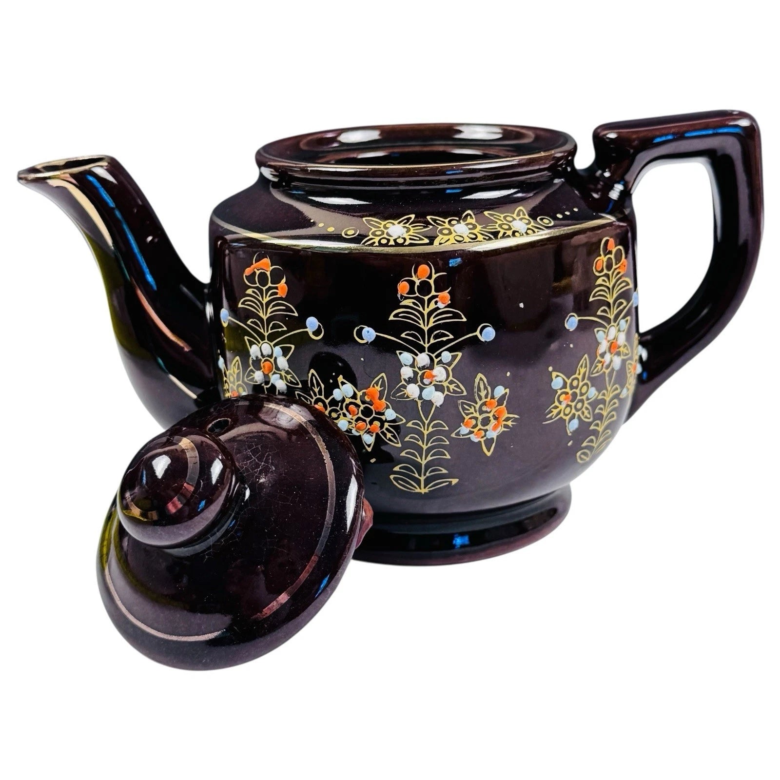 Vintage Japan Brown Glazed Teapot Hand Painted Enamel Floral Dots Mid Century | eBay