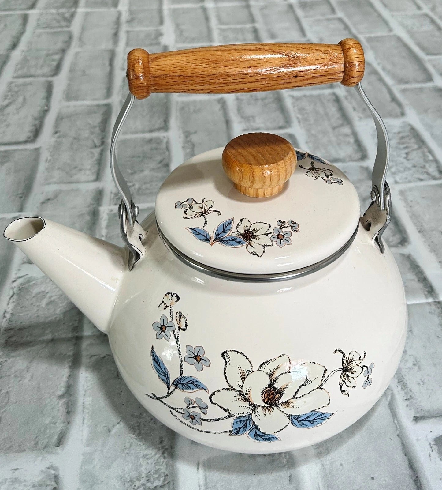 Vintage Teapot Enamel Kettle with Wooden Handle and Pot Top Floral Design | eBay