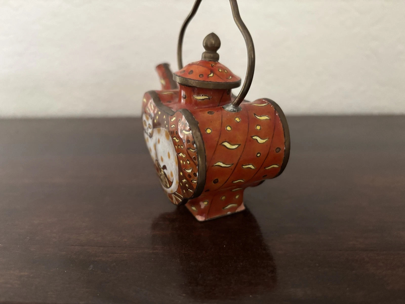Miniature Enamel Teapot White Cat on Red Background | eBay
