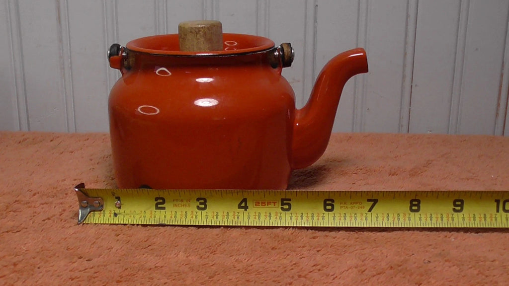 Vintage Enamel Teapot Tea Kettle MCM Teak Wood Handle reddish orange | eBay