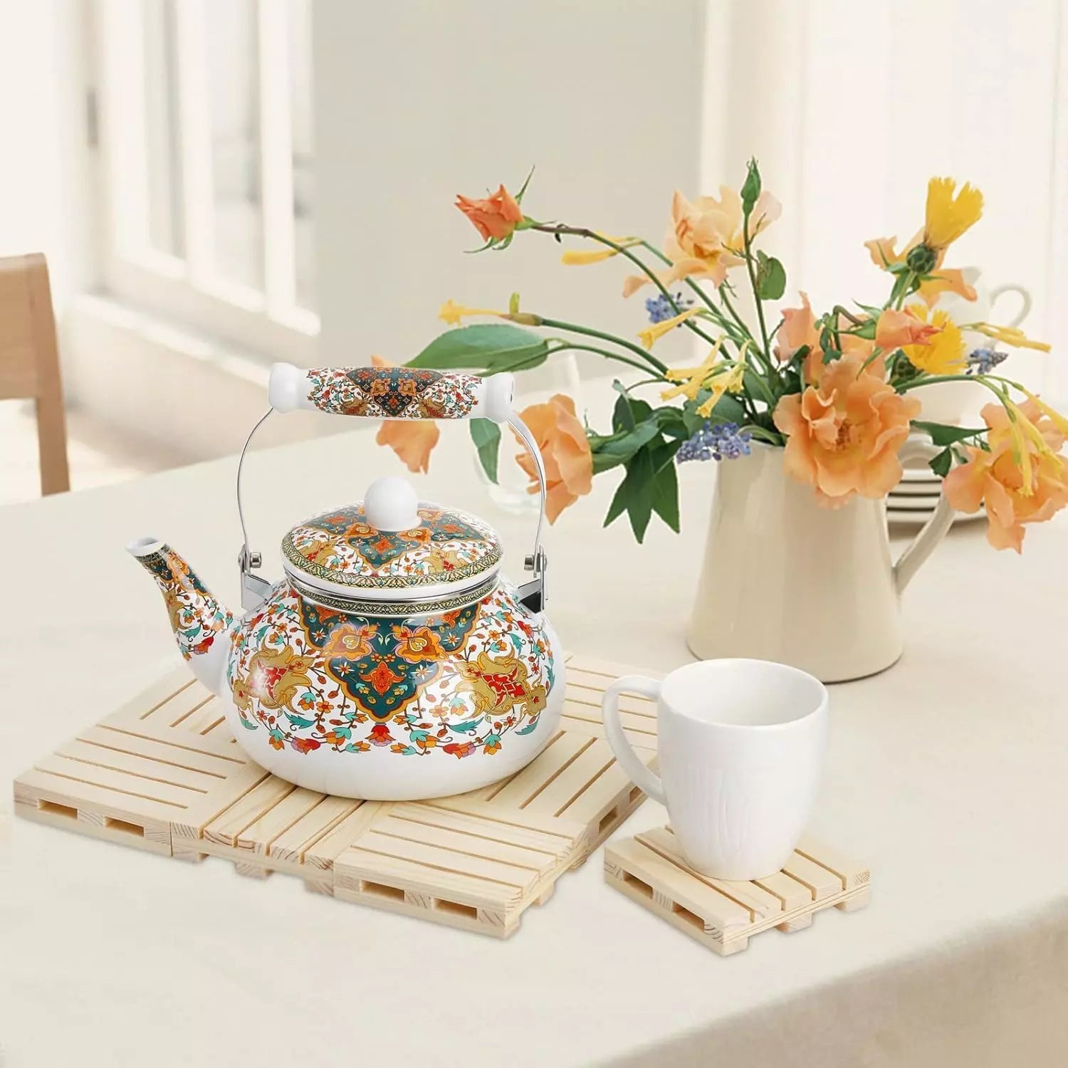 Floral Enamel Tea Kettle Vintage Gold Beige Teapot Colorful Boho Hot Water | eBay