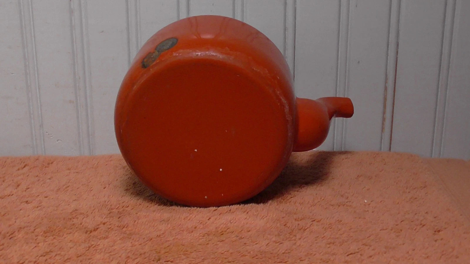 Vintage Enamel Teapot Tea Kettle MCM Teak Wood Handle reddish orange | eBay