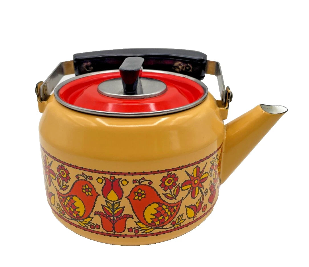 Vintage Fancipans Enamelware Teapot Orange Yellow Birds Flowers RARE | eBay