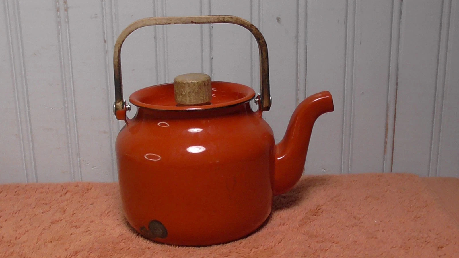 Vintage Enamel Teapot Tea Kettle MCM Teak Wood Handle reddish orange | eBay