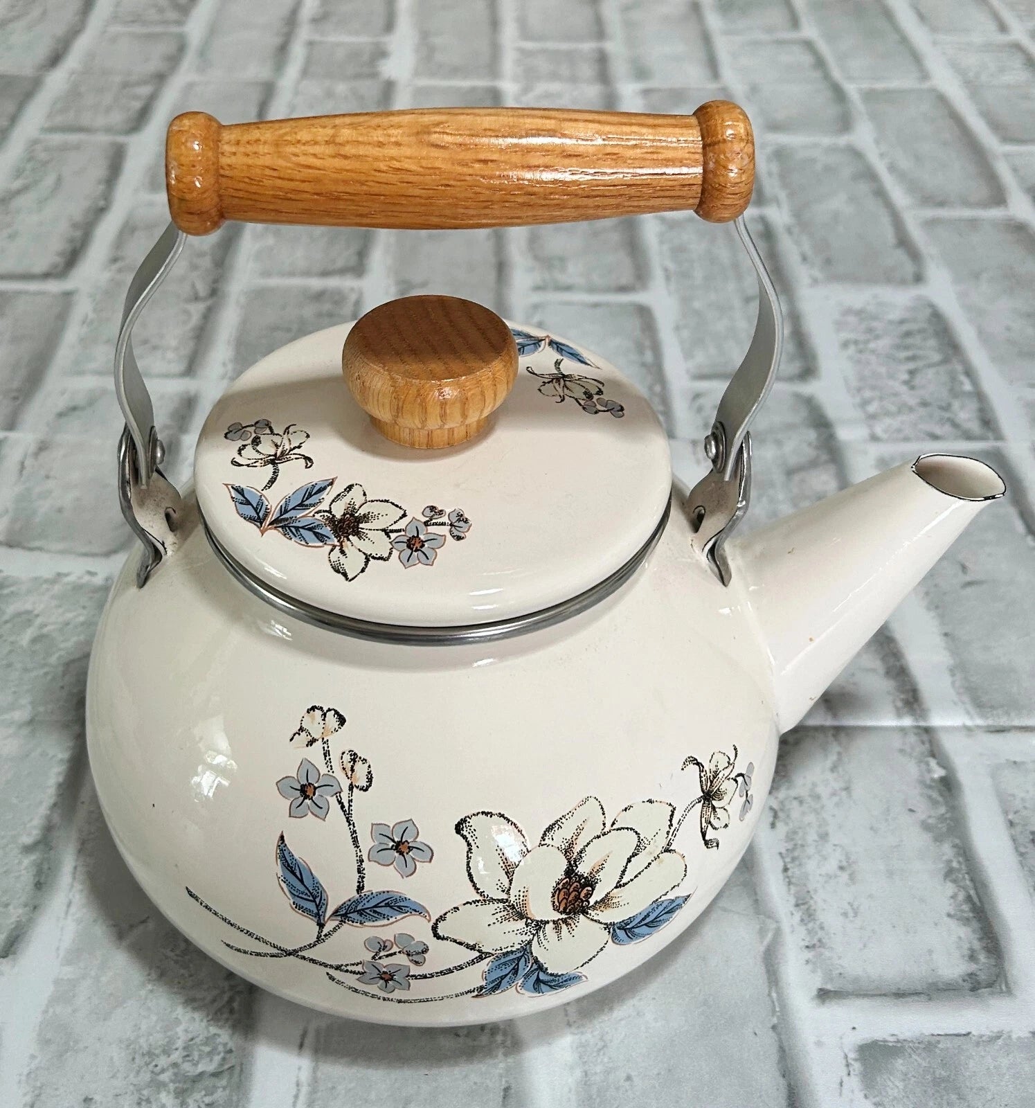 Vintage Teapot Enamel Kettle with Wooden Handle and Pot Top Floral Design | eBay