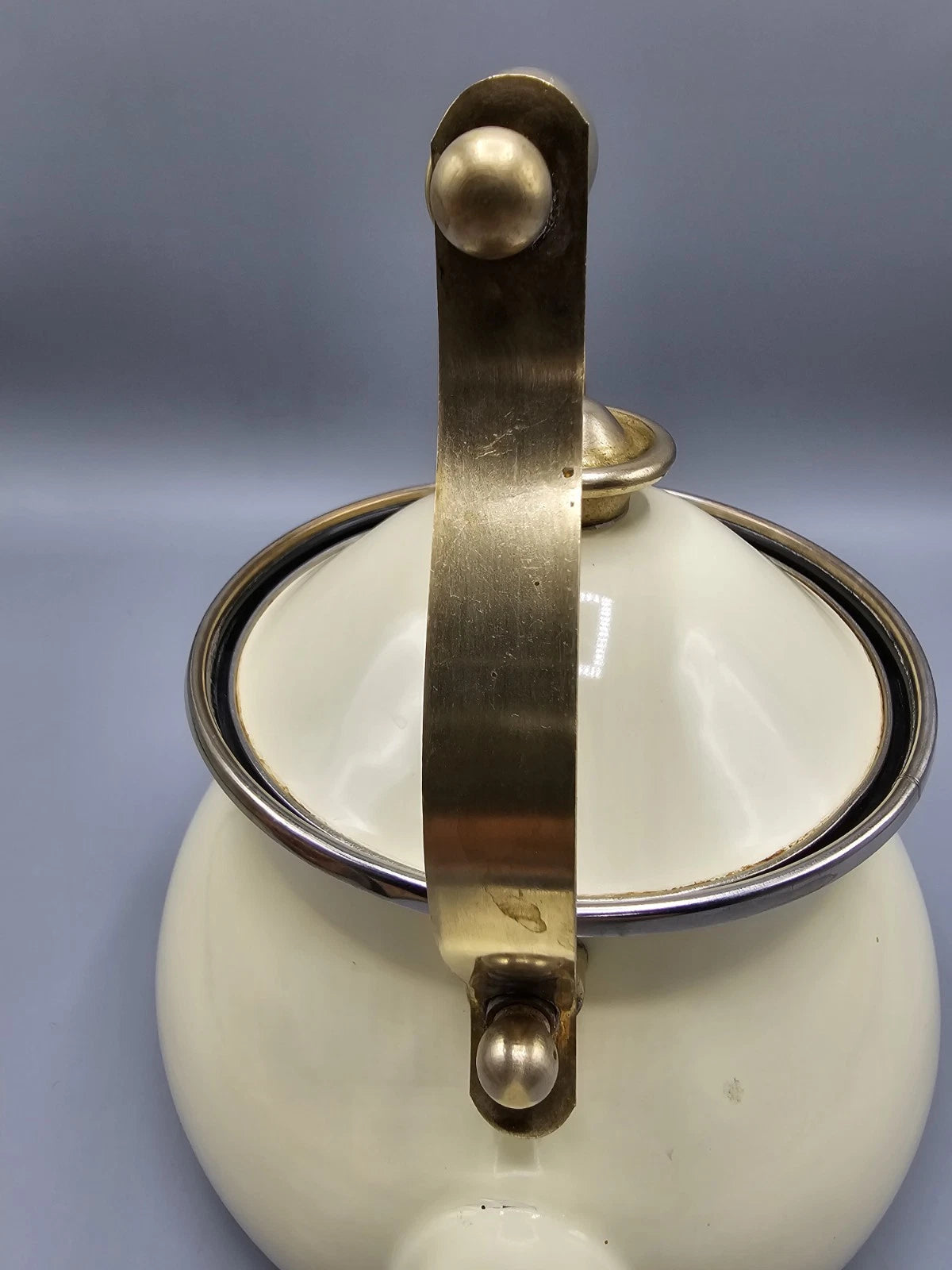 Vintage Cream Enamel Soft Gold Brass Tone Teapot Elegant Farmhouse Country | eBay
