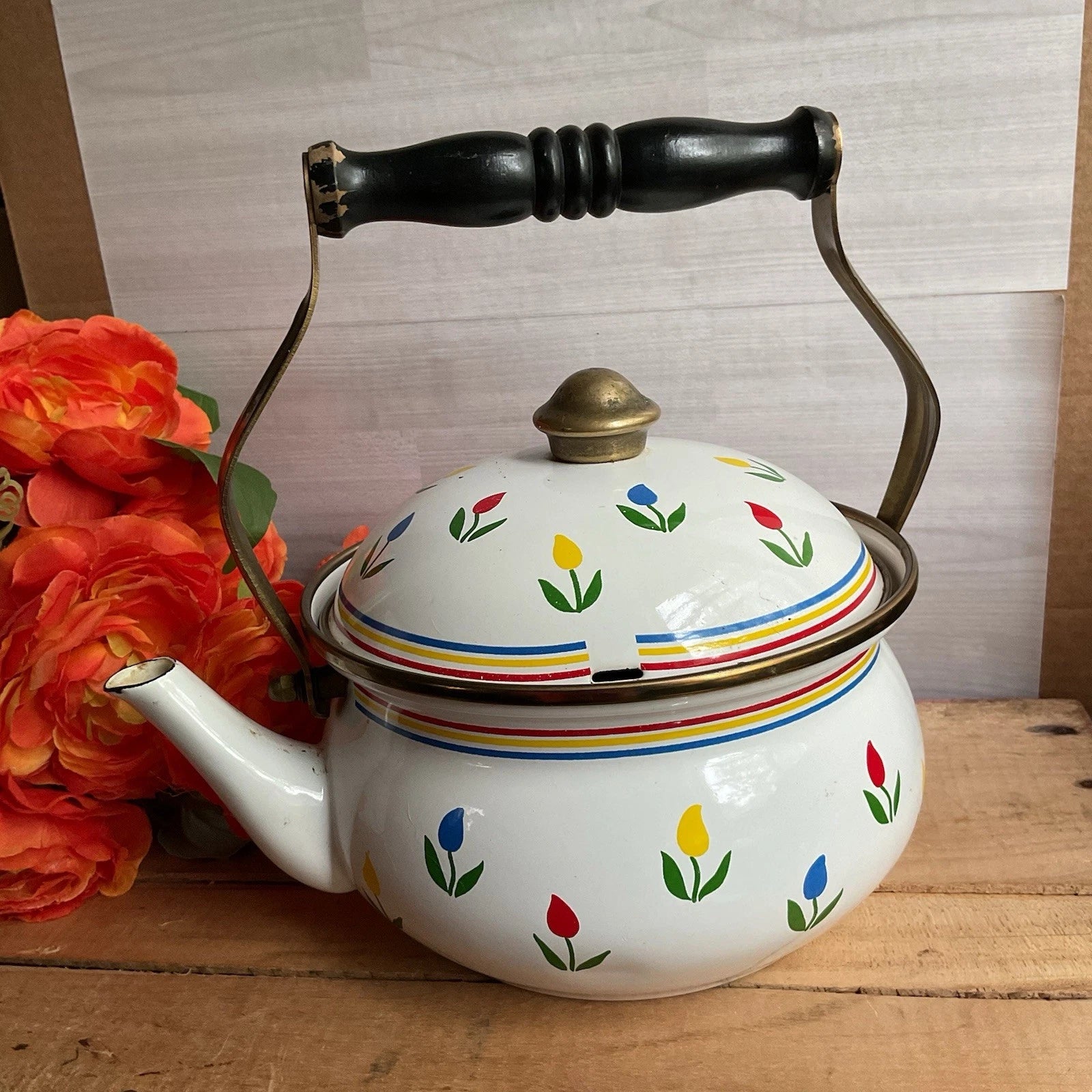 ASTA Enamelware Tea Kettle Teapot Brass Handles Tulips Vtg 1960’s West Germany | eBay