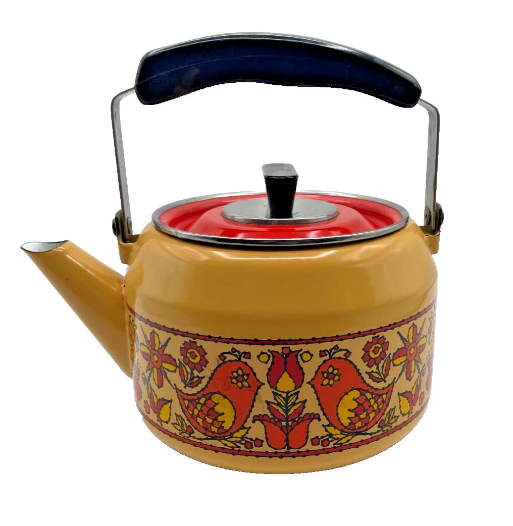 Vintage Fancipans Enamelware Teapot Orange Yellow Birds Flowers RARE | eBay