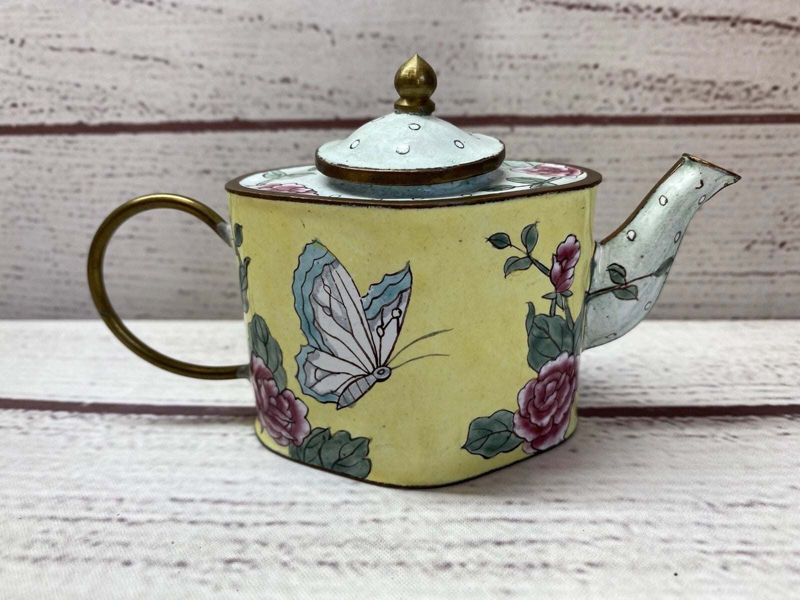 Miniature Enamel Handpainted Teapot - Floral with Butterflies - Unknown Artist | eBay