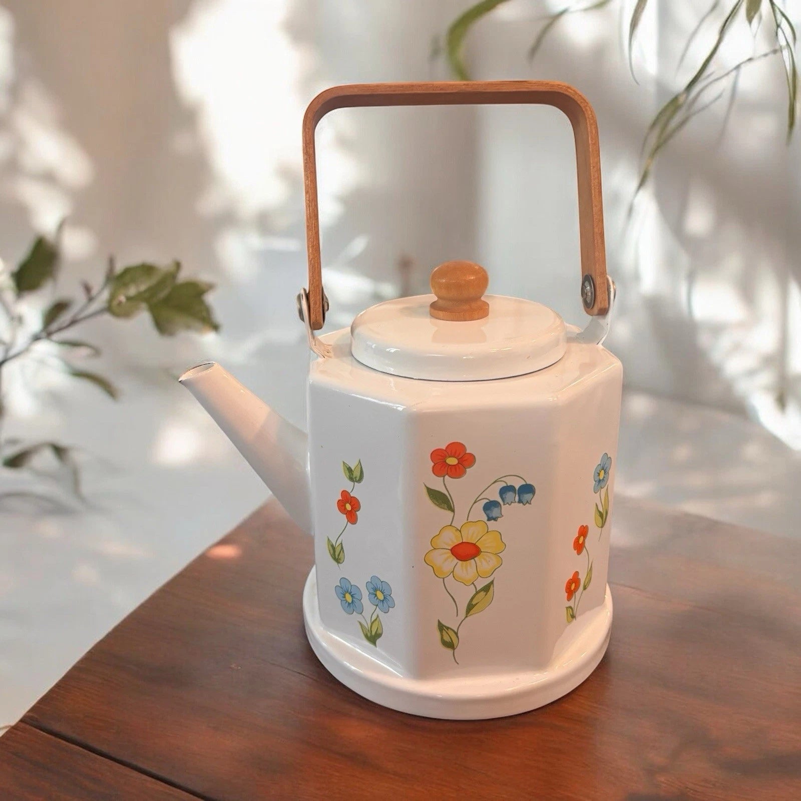 Vintage Tea Kettle Kamenstein White Enamel Bohemian Floral Tea Pot Japan Retro | eBay