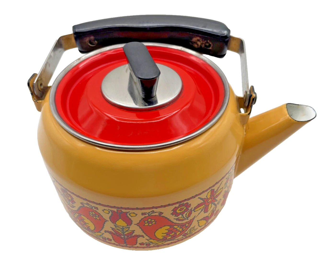 Vintage Fancipans Enamelware Teapot Orange Yellow Birds Flowers RARE | eBay