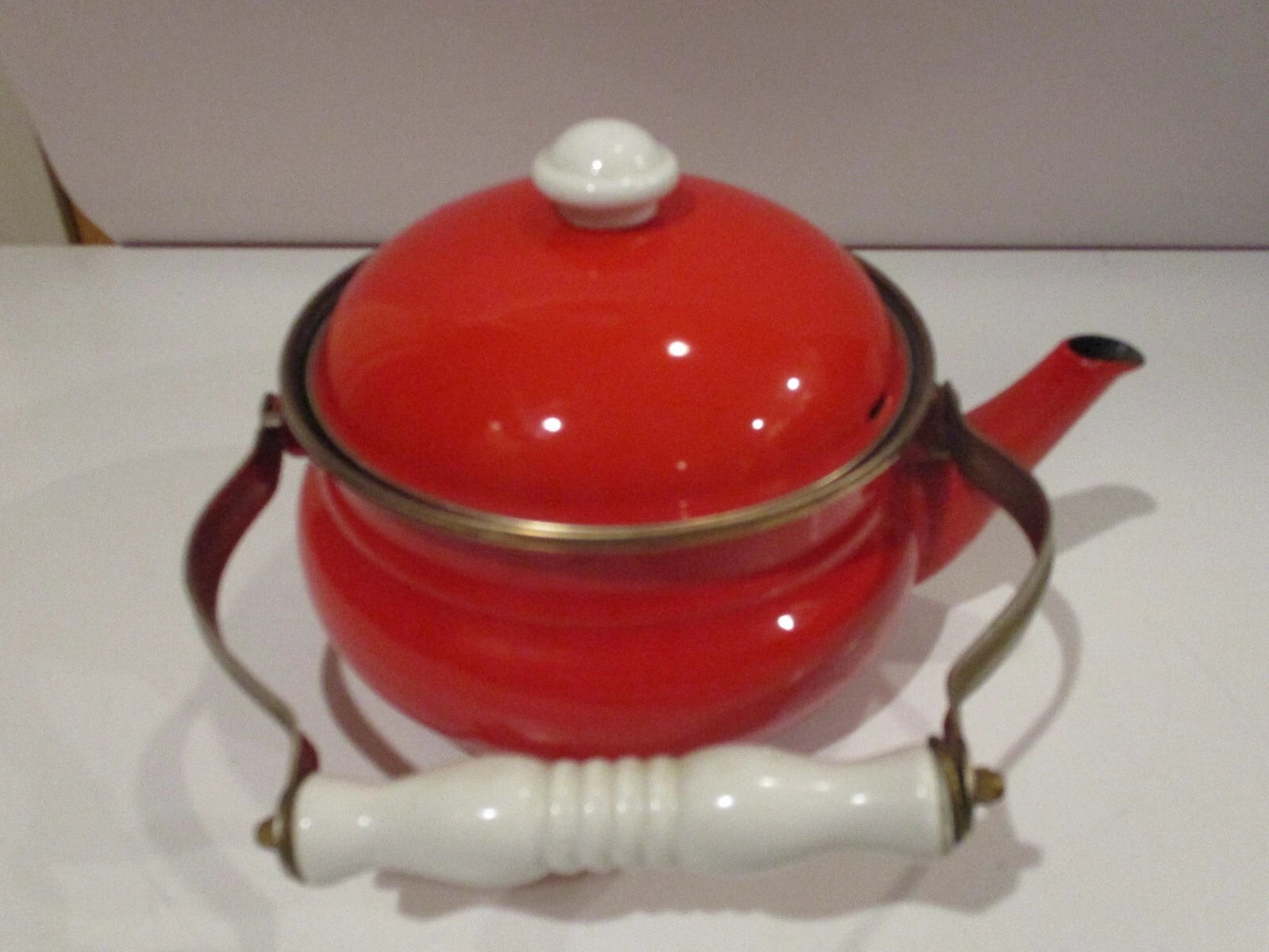 Vintage Bright Red Enamel Tea Pot Kettle w White Wooden Handle Brass fittings | eBay
