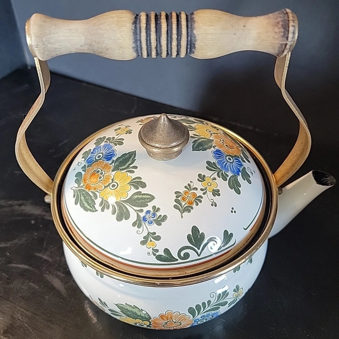 Floral Flowers enamel ware Cottage Grandma Core Asta Teapot Country Orange Blue | eBay