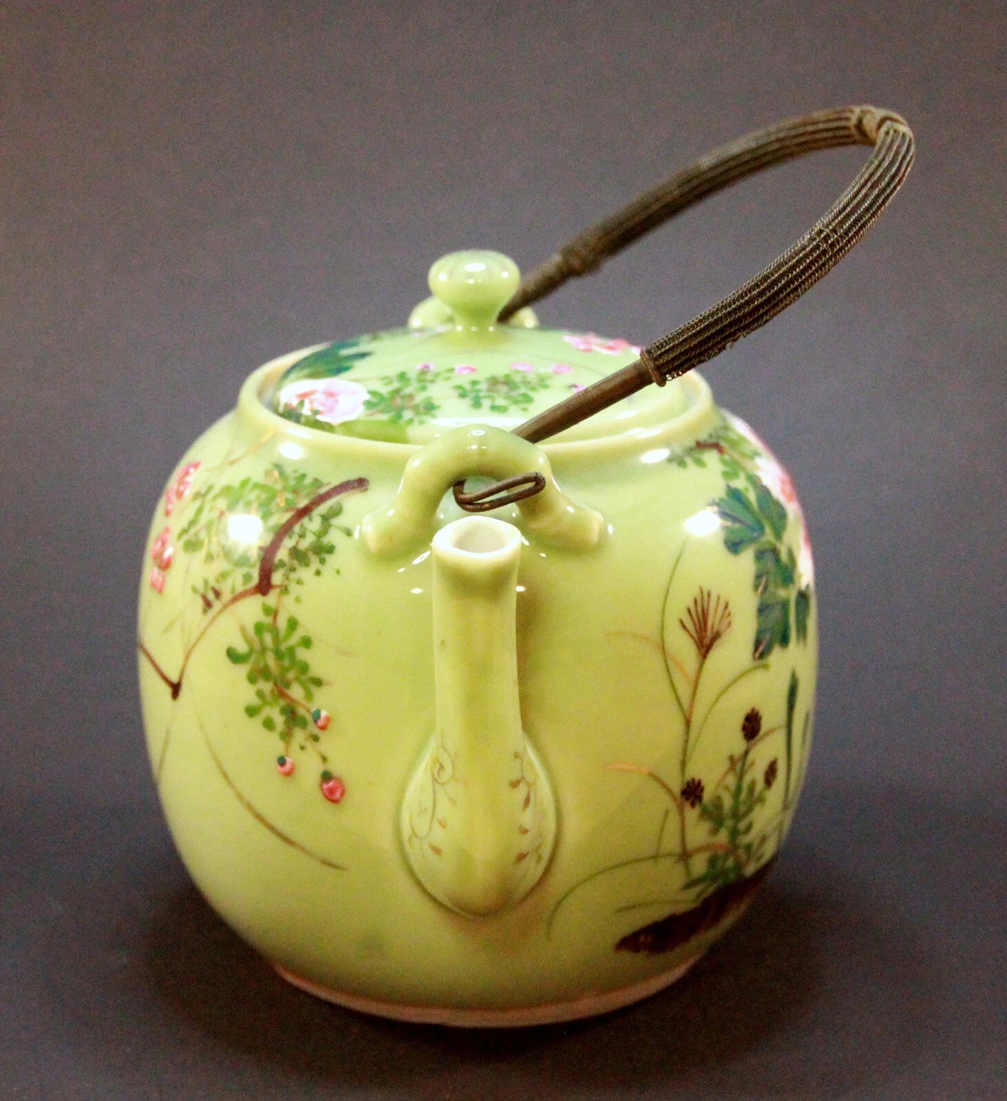 ANTIQUE JAPANESE SETO CELADON TEAPOT with HAND PAINTED ENAMEL FLOWERS MEIJI | eBay