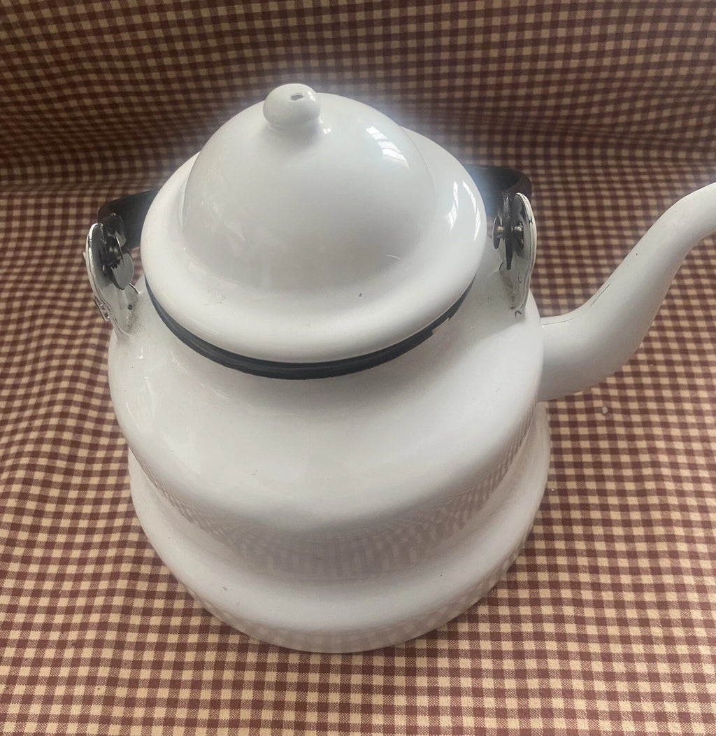 EMAILUL White w/black Enamel Gooseneck Farmhouse Teapot Kettle Made In Romania | eBay