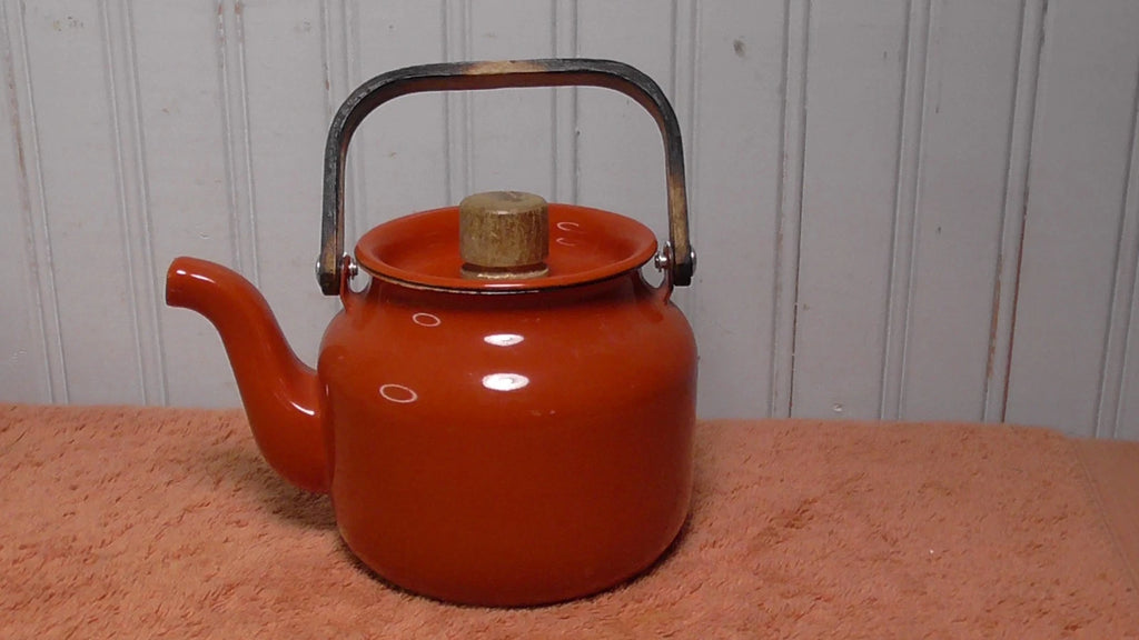 Vintage Enamel Teapot Tea Kettle MCM Teak Wood Handle reddish orange | eBay