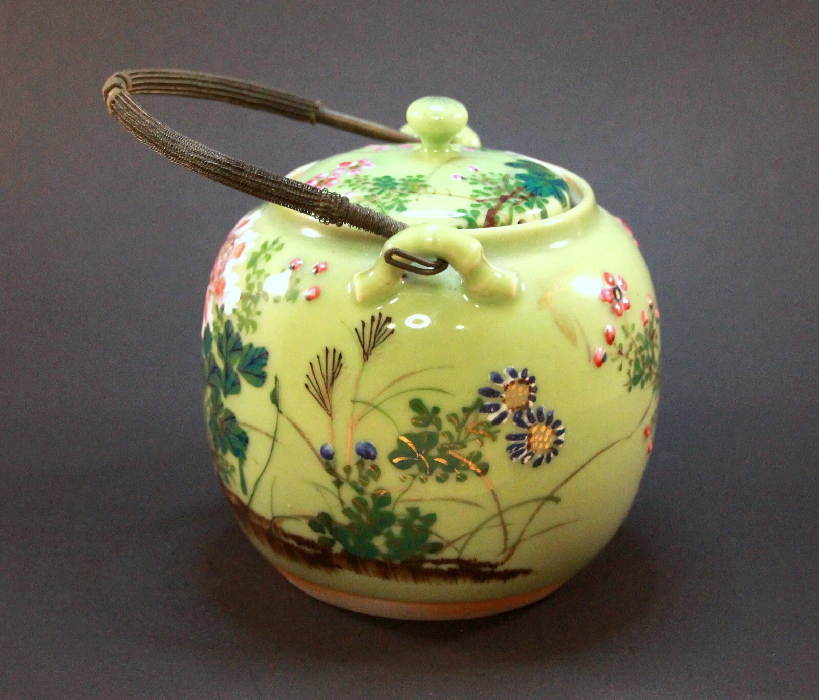 ANTIQUE JAPANESE SETO CELADON TEAPOT with HAND PAINTED ENAMEL FLOWERS MEIJI | eBay