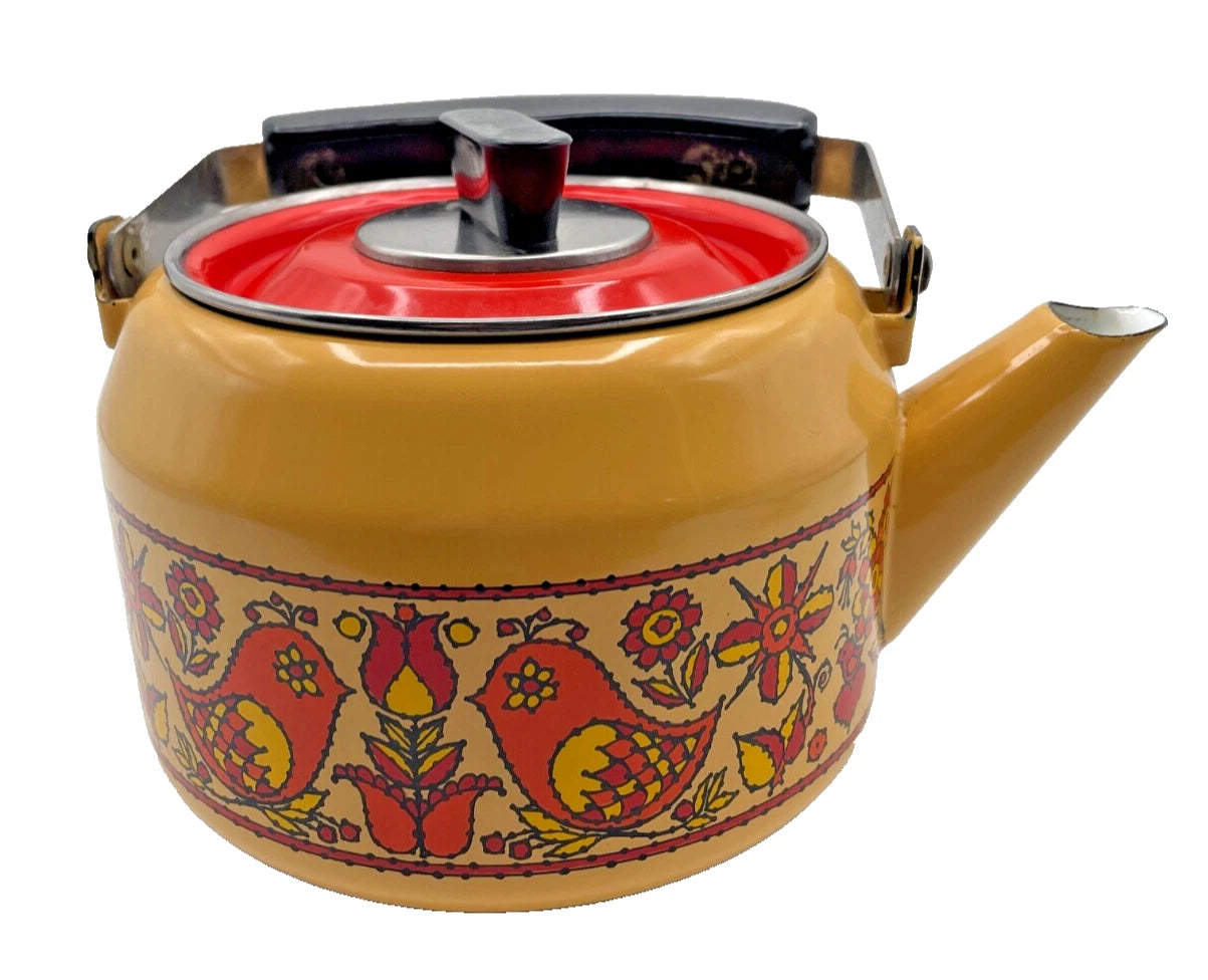 Vintage Fancipans Enamelware Teapot Orange Yellow Birds Flowers RARE | eBay