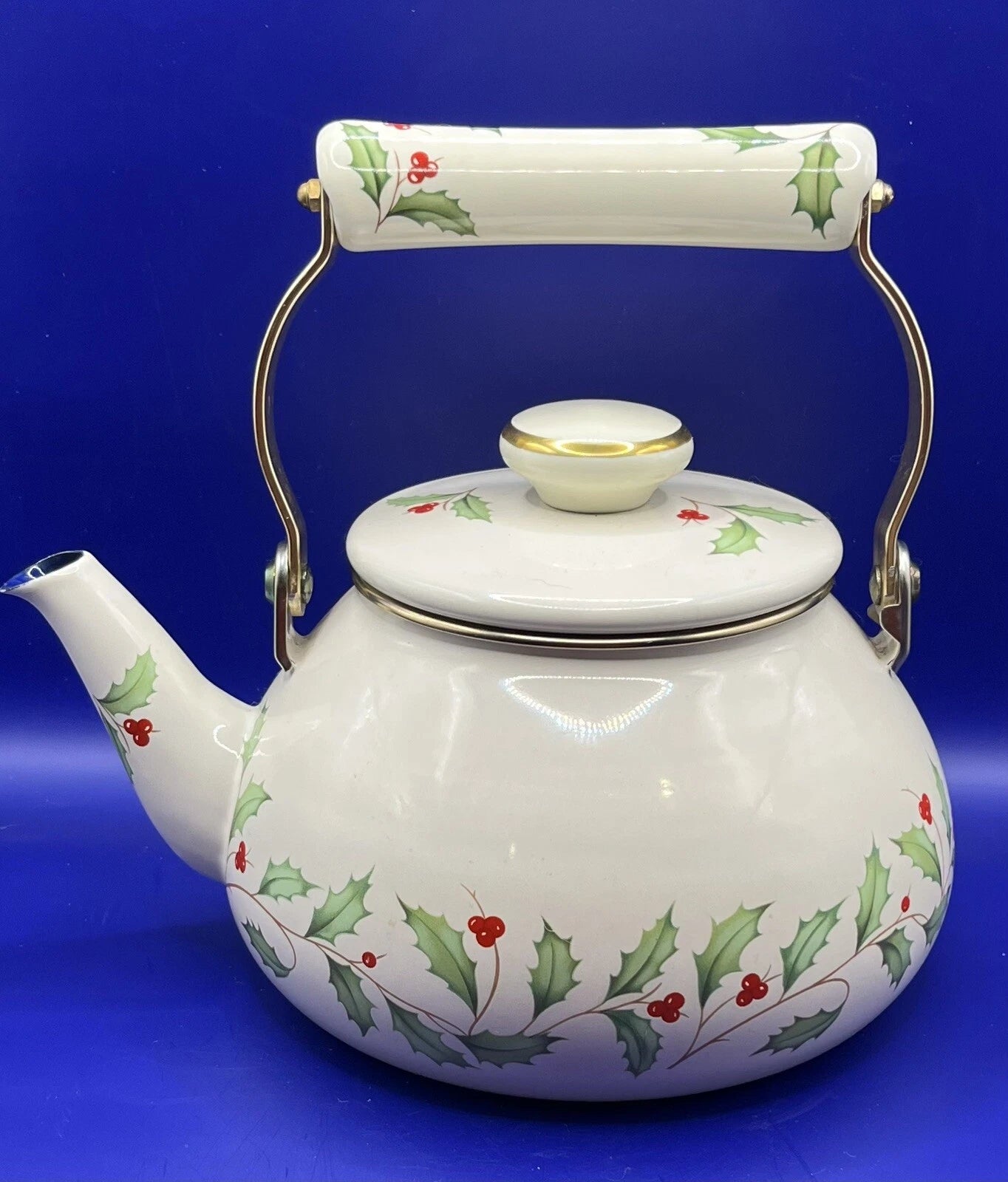 Lenox Tea Kettle Holiday Holly Berry Enamel Pot Porcelain Handle Christmas Metal | eBay