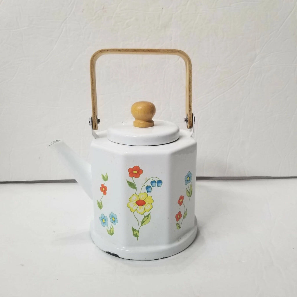 Enamel Floral White Teapot Bamboo Handle CRAFTS DAMAGE Decorative Kettle Planter | eBay