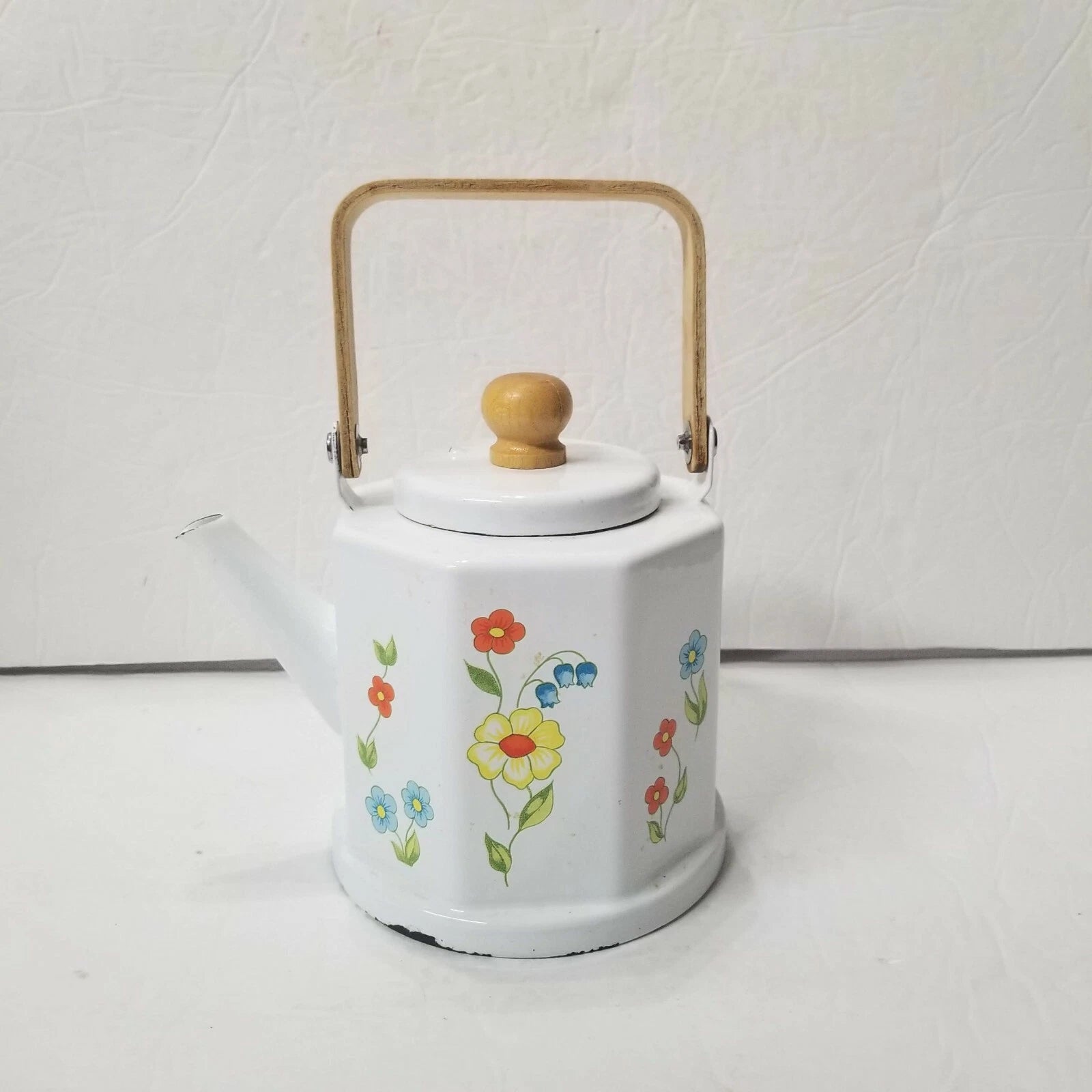Enamel Floral White Teapot Bamboo Handle CRAFTS DAMAGE Decorative Kettle Planter | eBay