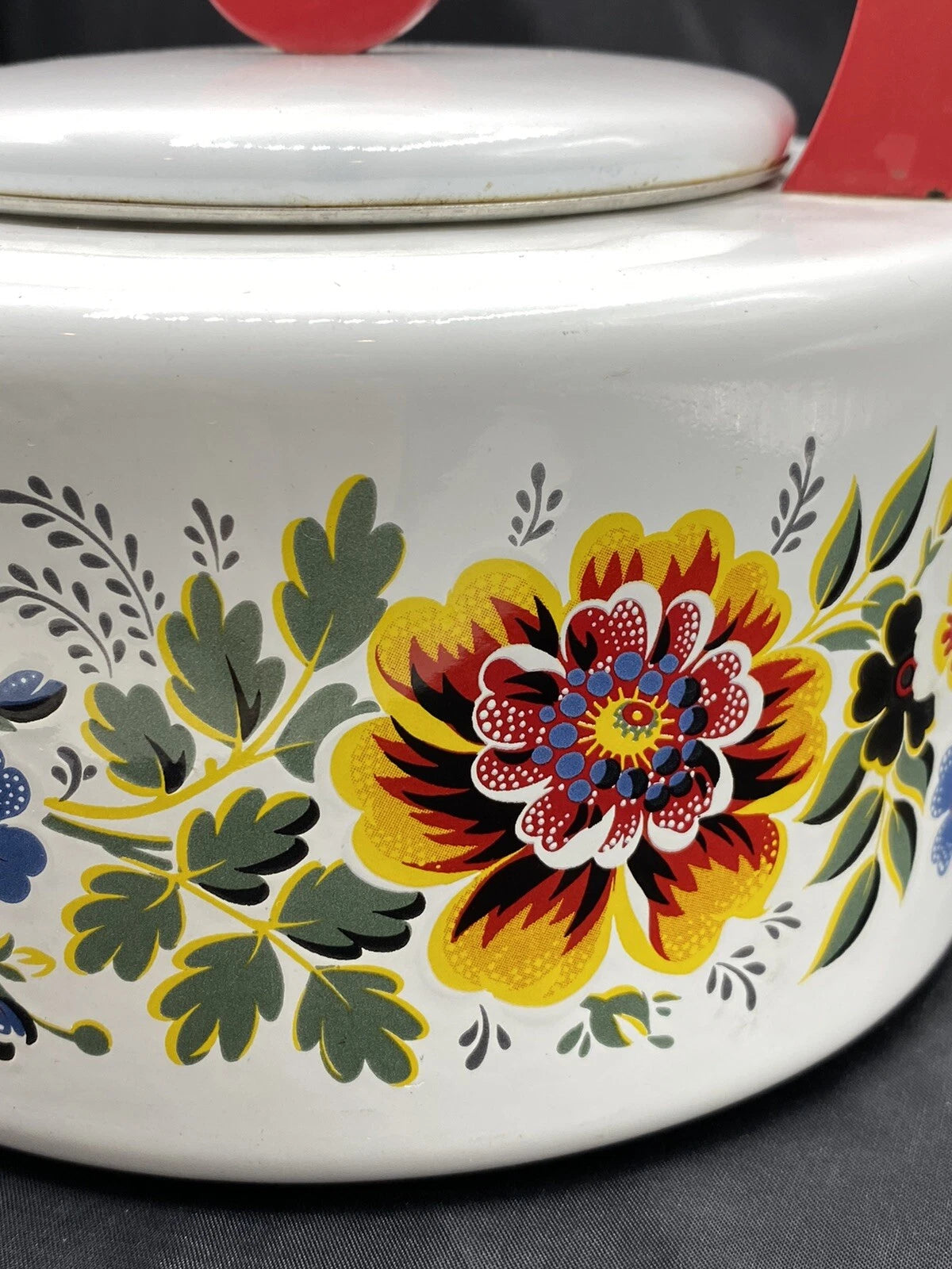 Enamel TEAPOT Kettle Floral Mid-Century Modern Red Round Handle Vintage | eBay
