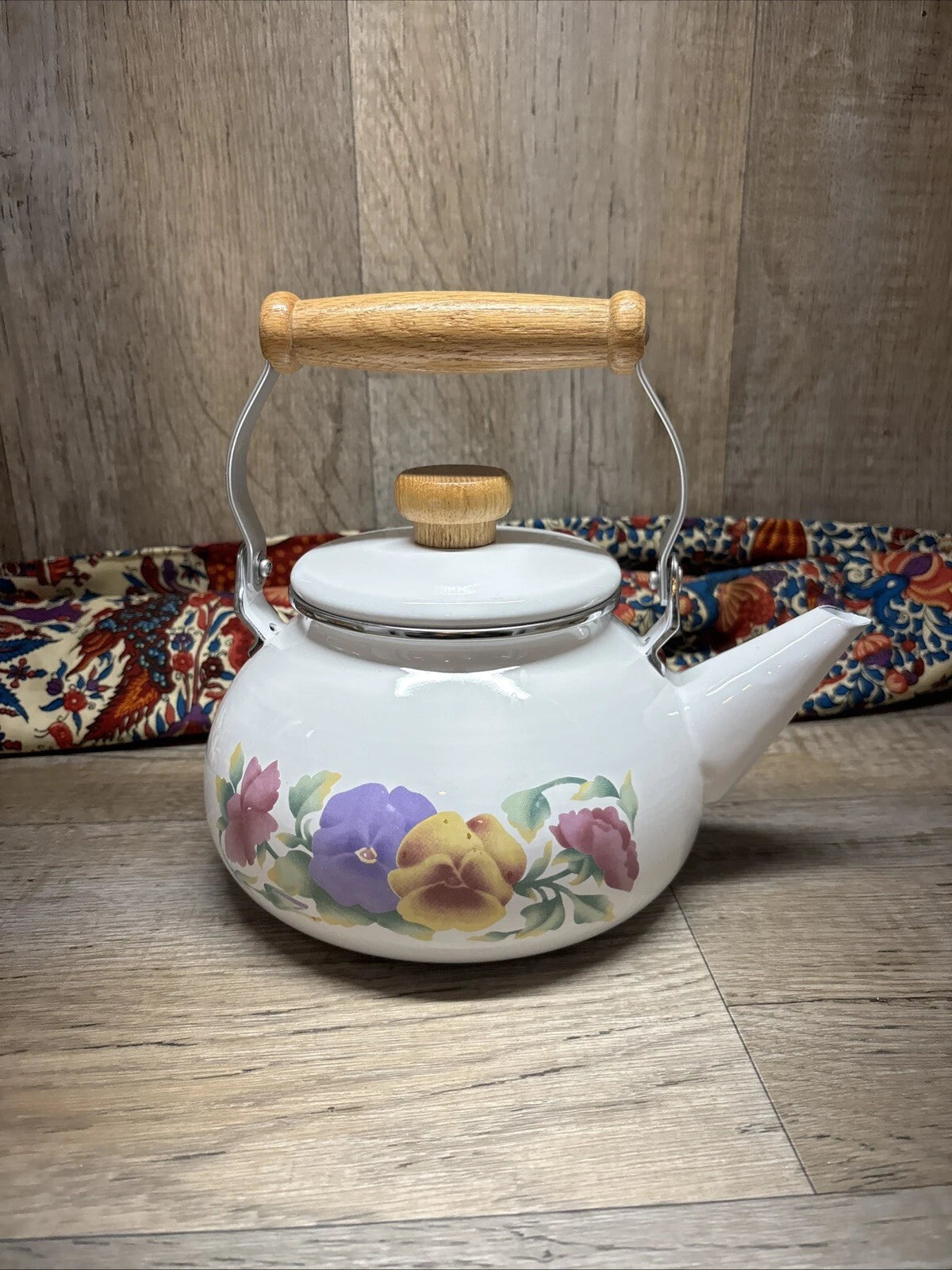 Vtg Enamel Lincoware Tea Pot / Kettle White w/ Pansy Flowers Wood Handles | eBay