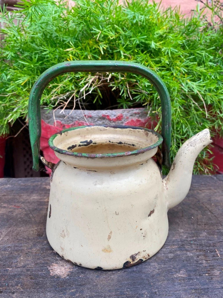 Antique Old Cream Gree Rustic Enamel Porcelain Teapot Tea Kettle | eBay