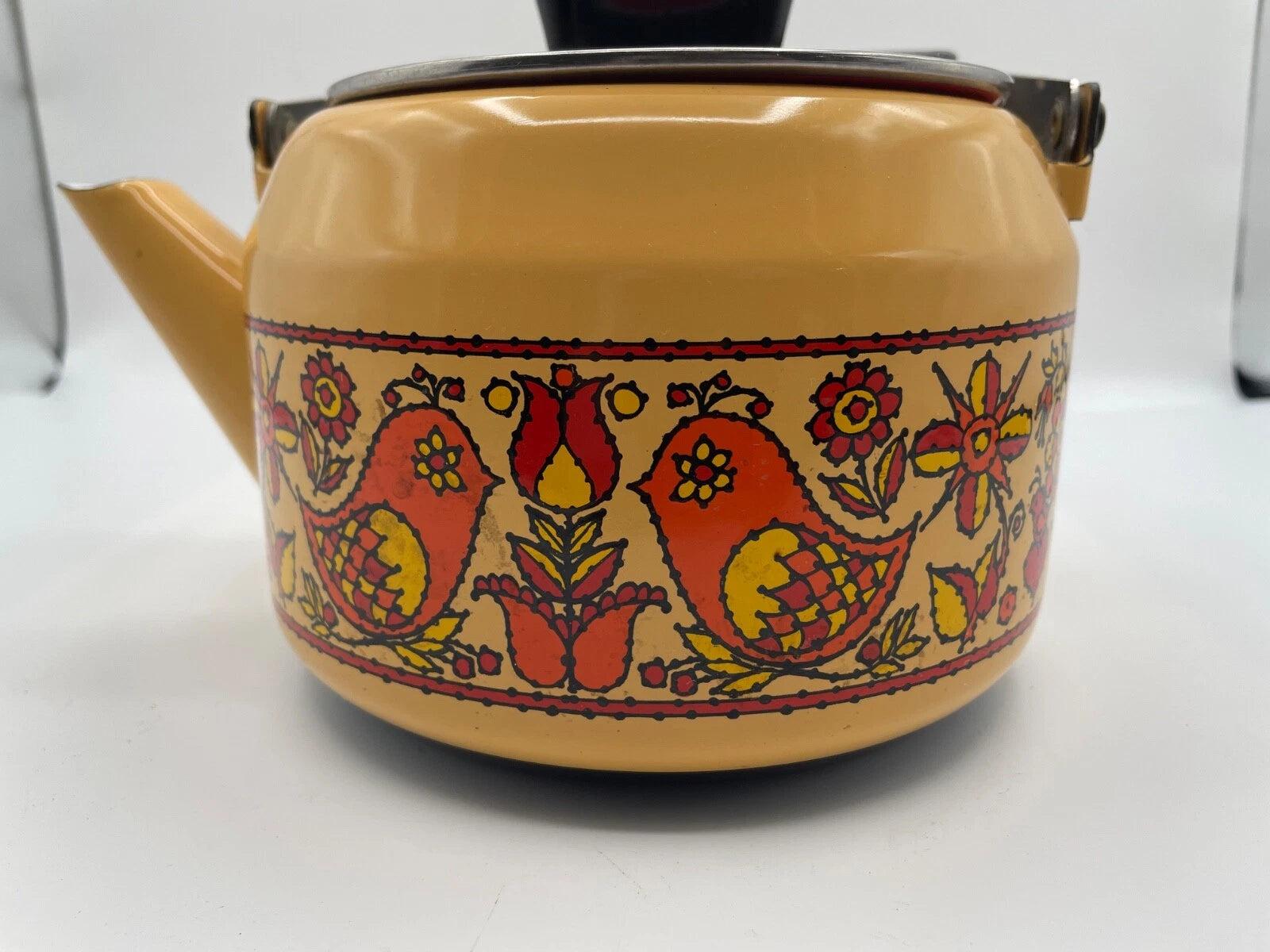 Vintage Fancipans Enamelware Teapot Orange Yellow Birds Flowers RARE | eBay