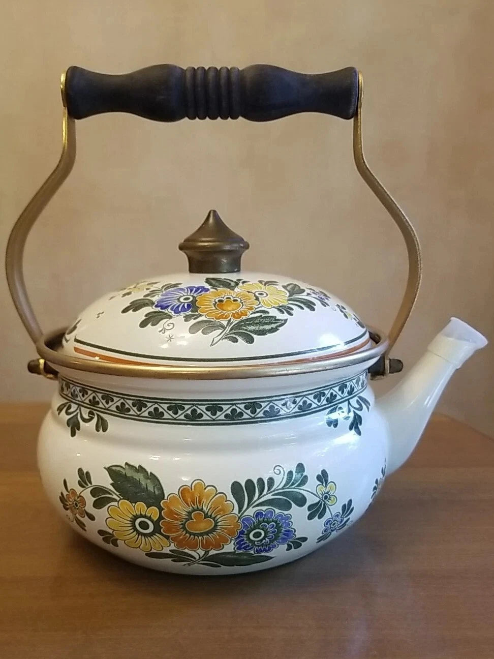 ASTA Enamelware Tea Kettle Teapot Brass Handles Floral Vintage UNUSED Germany | eBay