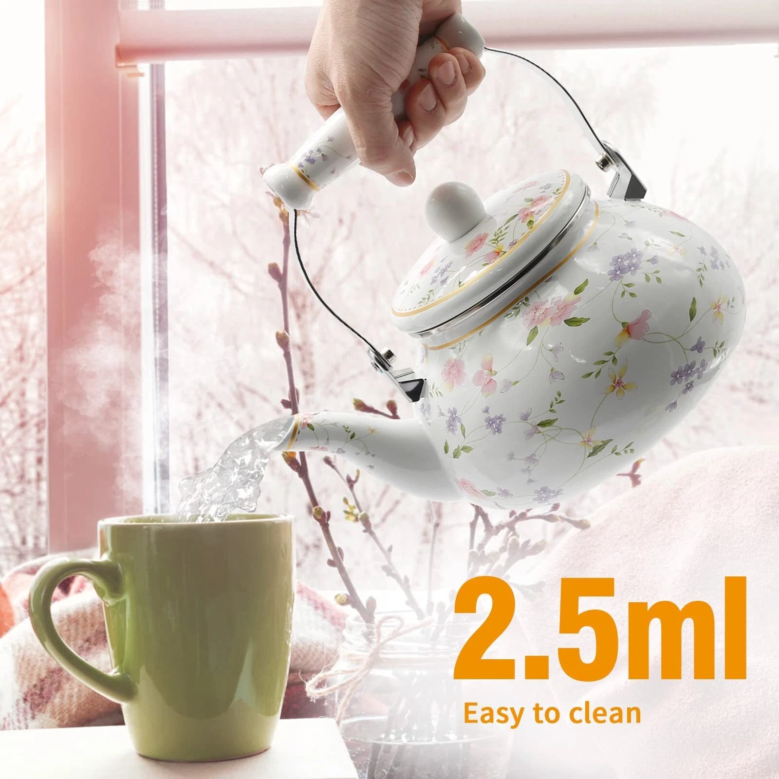 Saihisday Enamel Teakettle Floral Teapot for Stovetop 2.5L Large Green Floral... | eBay