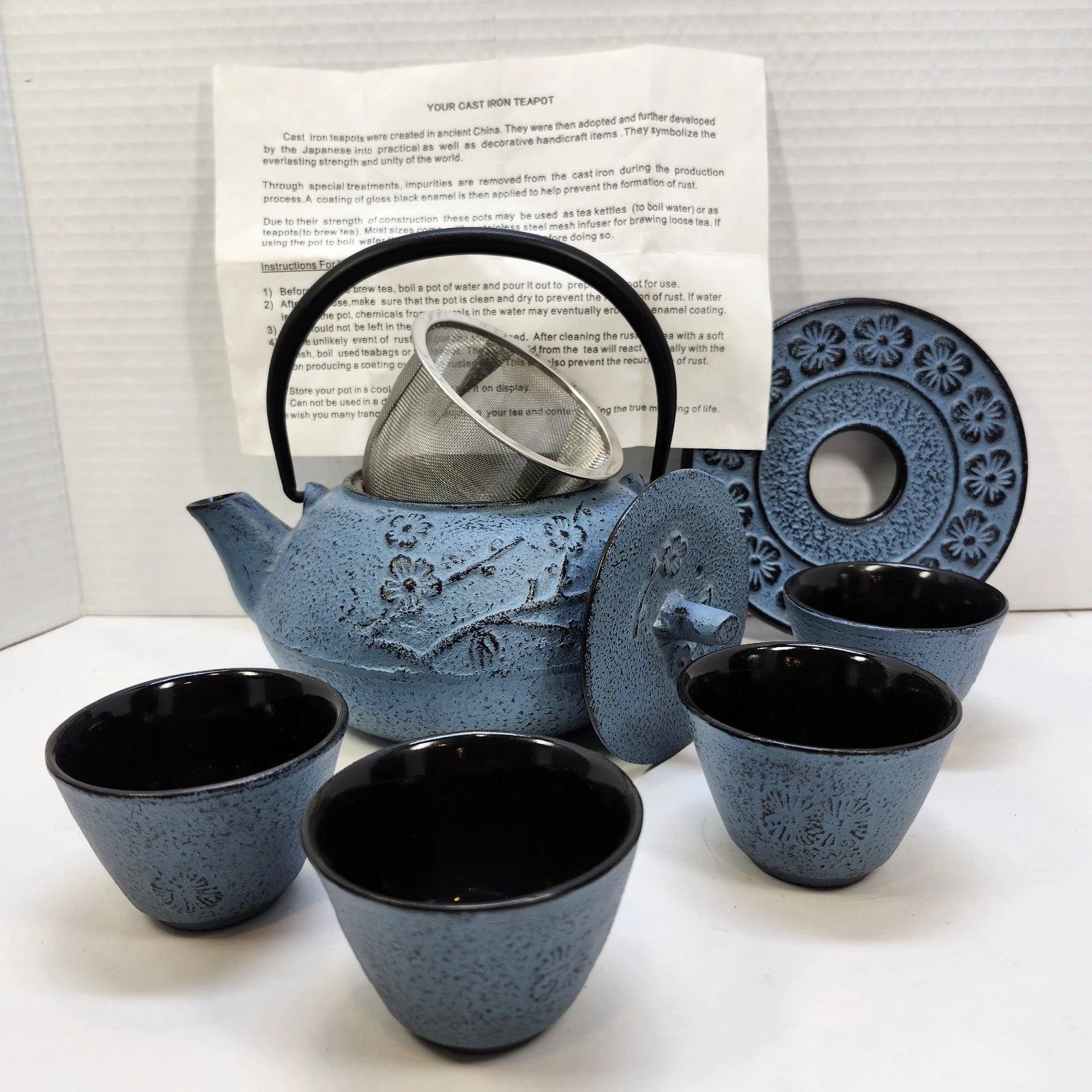 28 oz Cast Iron Teapot Tea Kettle Enamel Interior w/ Infuser Trivet & 4 Cups NEW | eBay
