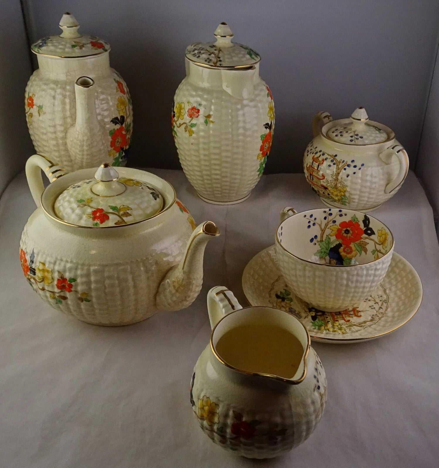 Adderley Temple Group - Pitchers Teapot Creamer Sugar ++ Asian Scene Enamelled | eBay