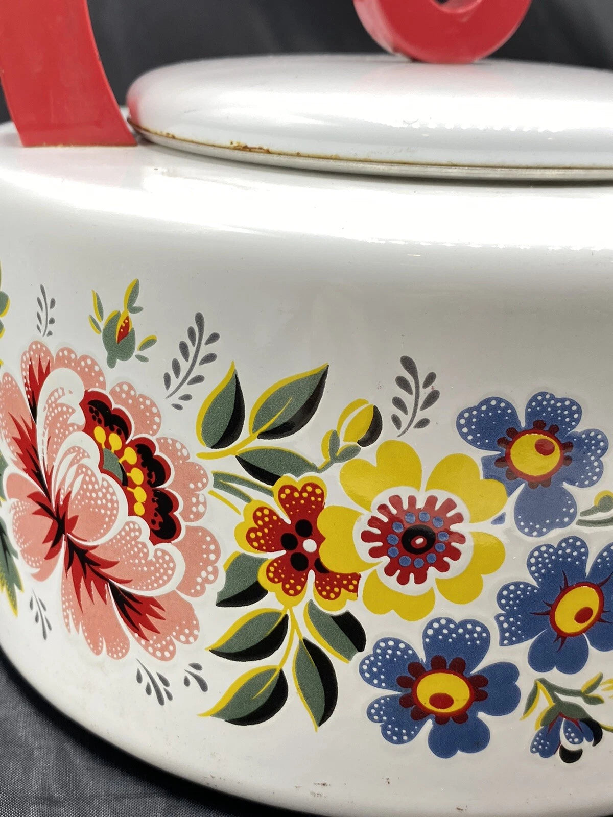 Enamel TEAPOT Kettle Floral Mid-Century Modern Red Round Handle Vintage | eBay