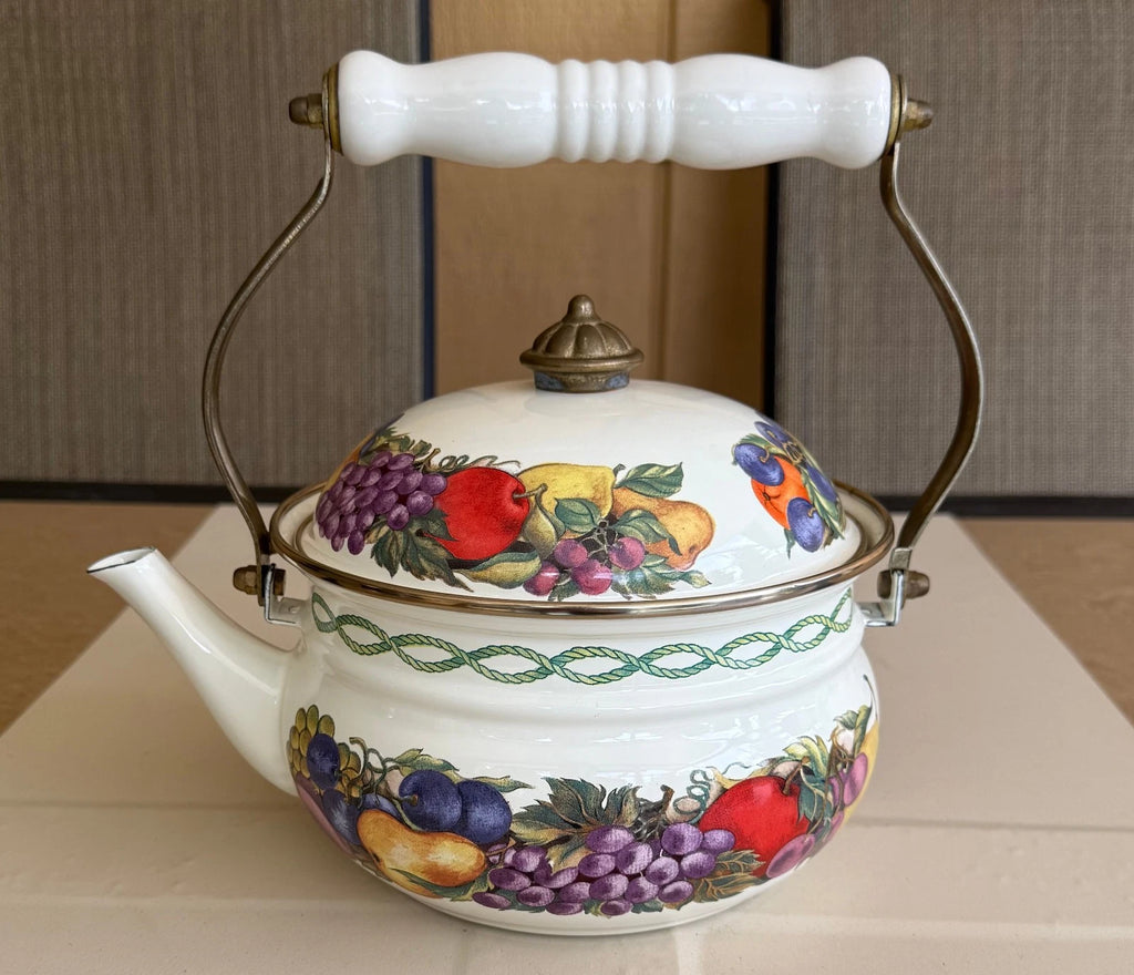 CORNUCOPIA DECORATIVE ENAMEL COATED TEA POT FRUIT DESIGN BRASS & CERAMIC HANDLE | eBay