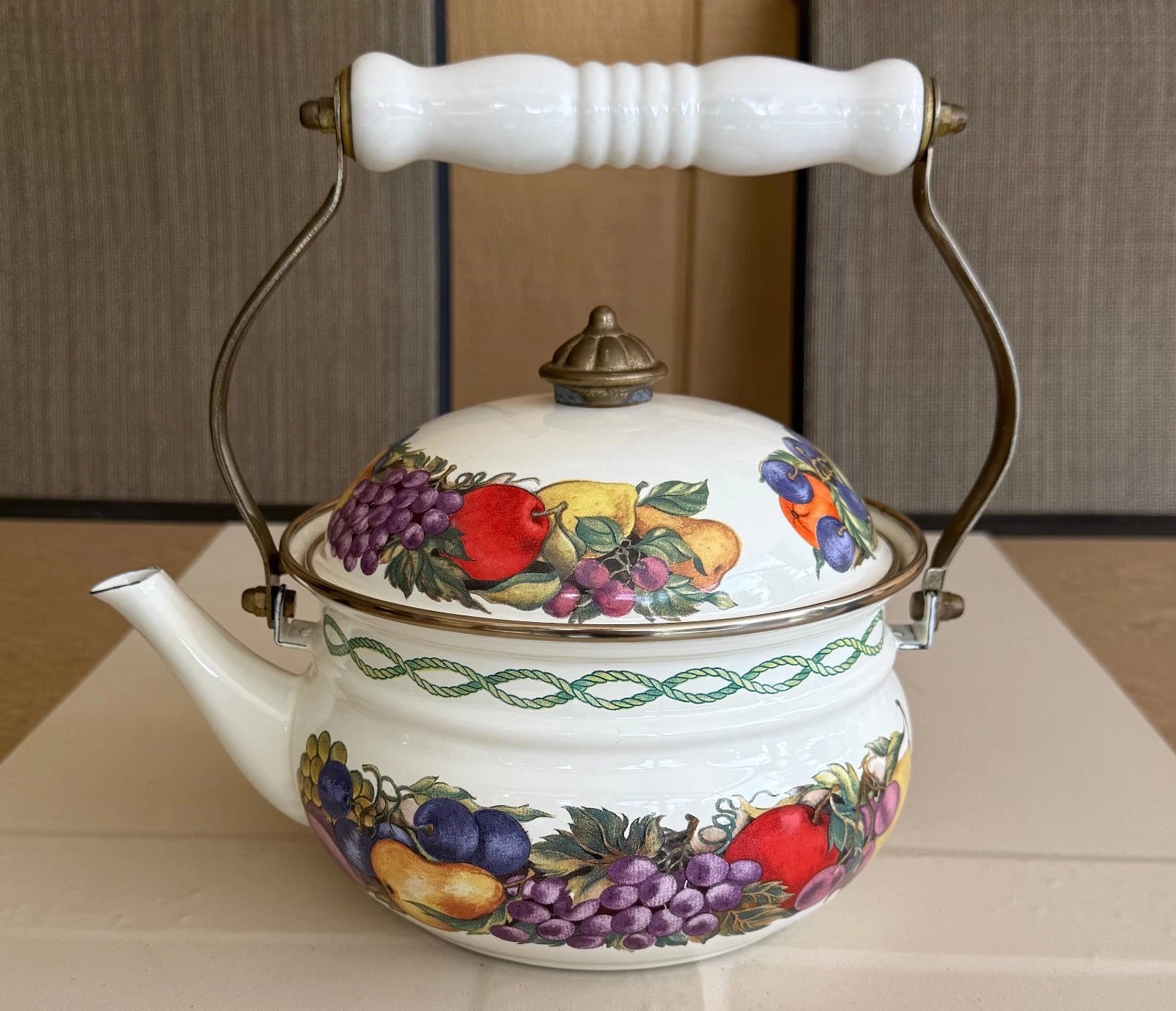 CORNUCOPIA DECORATIVE ENAMEL COATED TEA POT FRUIT DESIGN BRASS & CERAMIC HANDLE | eBay